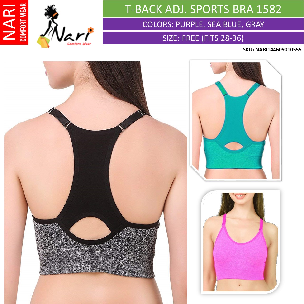 T- Back Adjustable Belt Padded Sports Bra [ Nari 1446] – Nari Comfort Wear