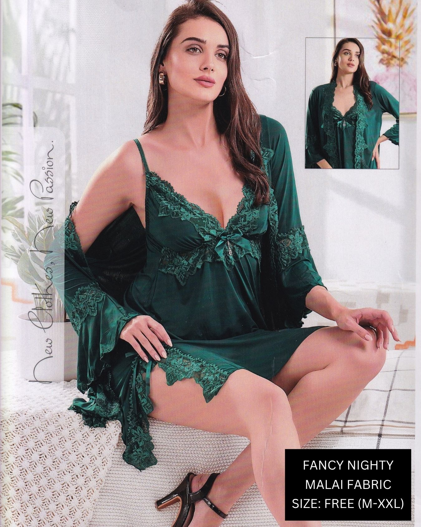 Premium Malai Silk 2-Piece Nighty & Robe Set with Luxury Lace (Free Size: M to XXL) – Emerald Green