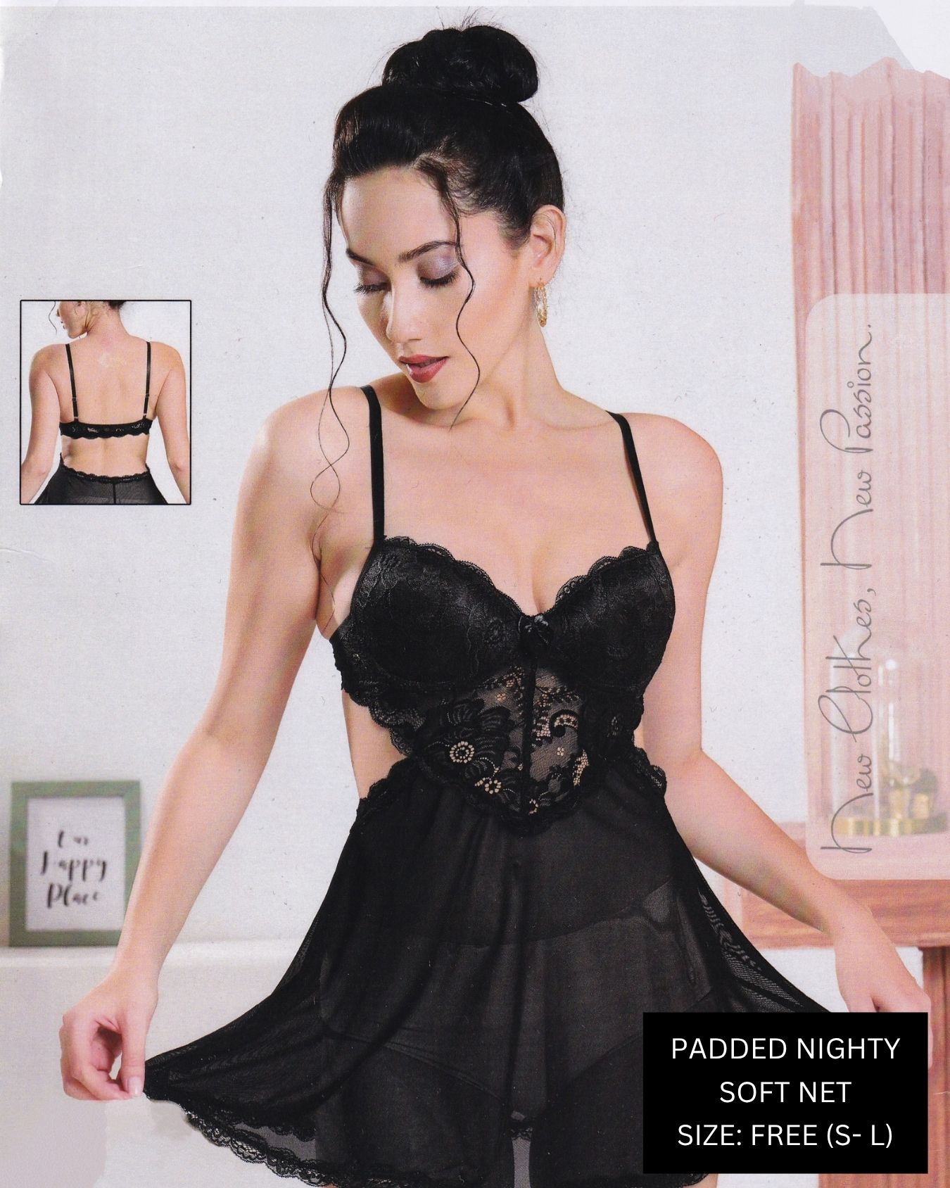 Sensual Padded Soft Net & Lace Babydoll Nighty (Free Size: S to L) – Midnight Black