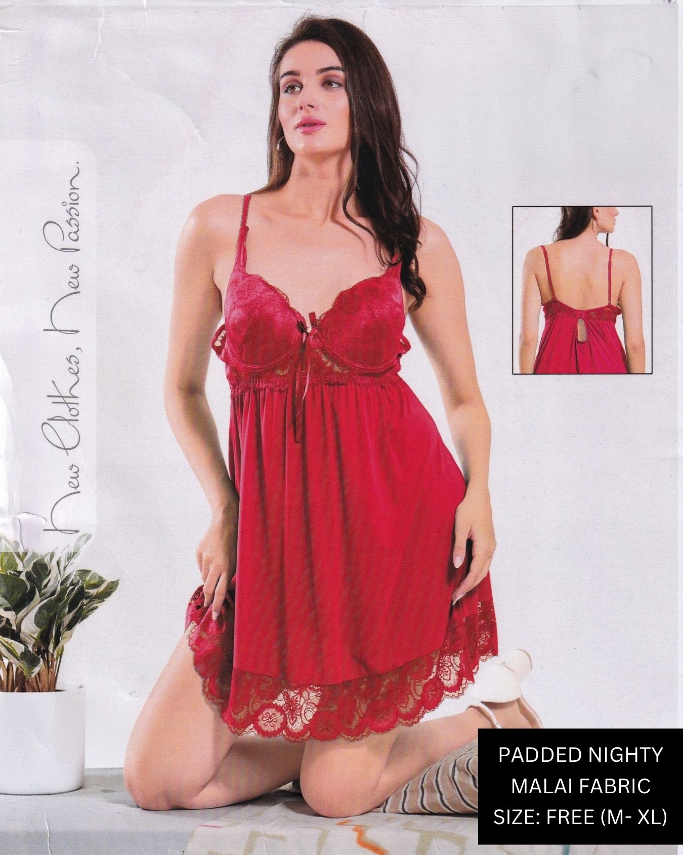 Elegant Padded Malai Jacquard Babydoll Nighty (Free Size: M to XL) – Passion Red